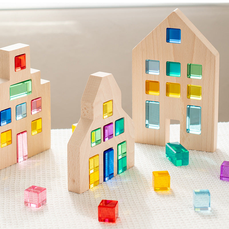 B012 Wooden Building Blocks Set for Kids, 36 PCS Rainbow Acrylic Gem Cubes Blocks - 3 Wood House, Montessori Stacking Toy for Toddlers