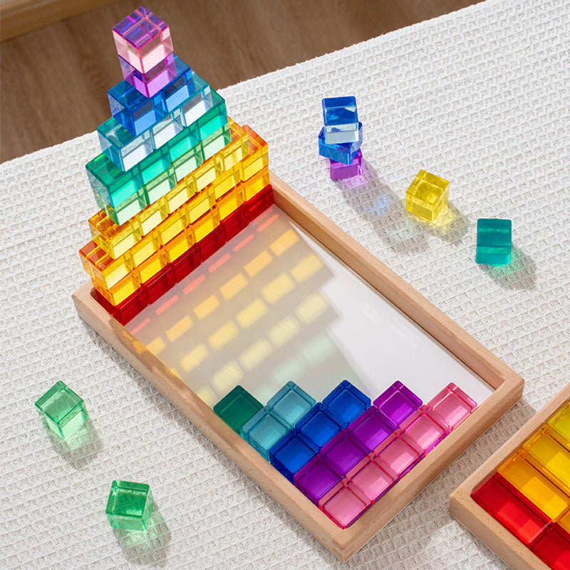 B011 Acrylic Gem Cubes Blocks Translucent Rainbow Building Cubes Crystal Acrylic Cubes Educational Sensory Training Crystal Toys with Wooden Storage Boxes