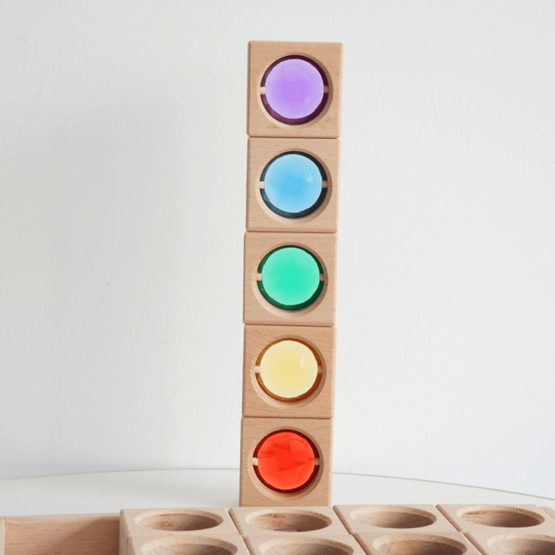 B014 Wooden Gem Blocks Stacking Toys,Colorful Acrylic Windows Blocks, Rainbow Crystal Acrylic Building Cubes Educational Sensory Training Crystal Toys