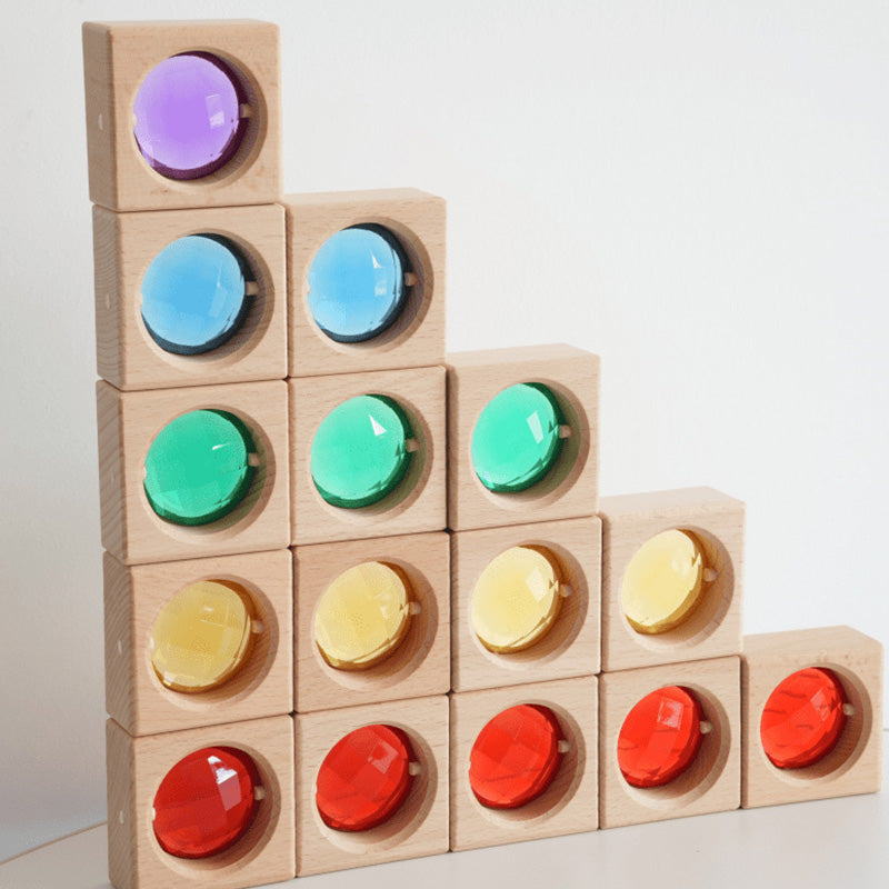 B014 Wooden Gem Blocks Stacking Toys,Colorful Acrylic Windows Blocks, Rainbow Crystal Acrylic Building Cubes Educational Sensory Training Crystal Toys