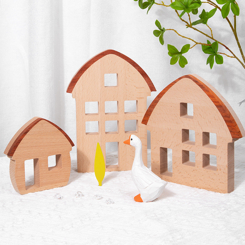 B018 Wooden Building Blocks Set for Kids，3 Wood House, Montessori Stacking Toy for Toddlers