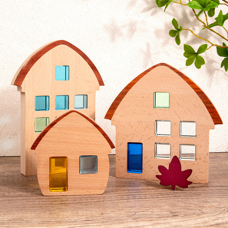 B018 Wooden Building Blocks Set for Kids，3 Wood House, Montessori Stacking Toy for Toddlers