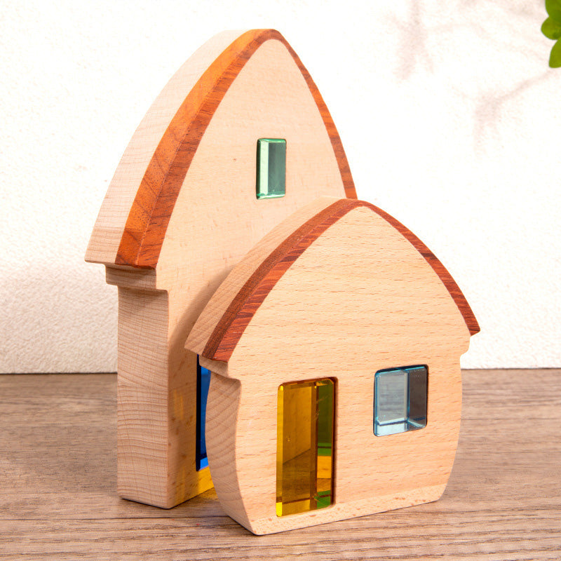 B018 Wooden Building Blocks Set for Kids，3 Wood House, Montessori Stacking Toy for Toddlers