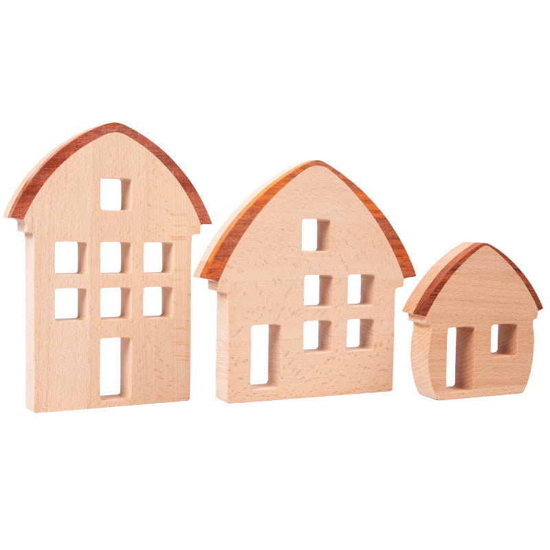 B018 Wooden Building Blocks Set for Kids，3 Wood House, Montessori Stacking Toy for Toddlers