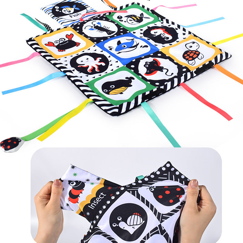 Tummy Time Floor Mirror, Double High Contrast Play and Pat Activity Mat Black and White Baby Crinkle Toys with Teether, Great Gift for Infants Boys and Girls