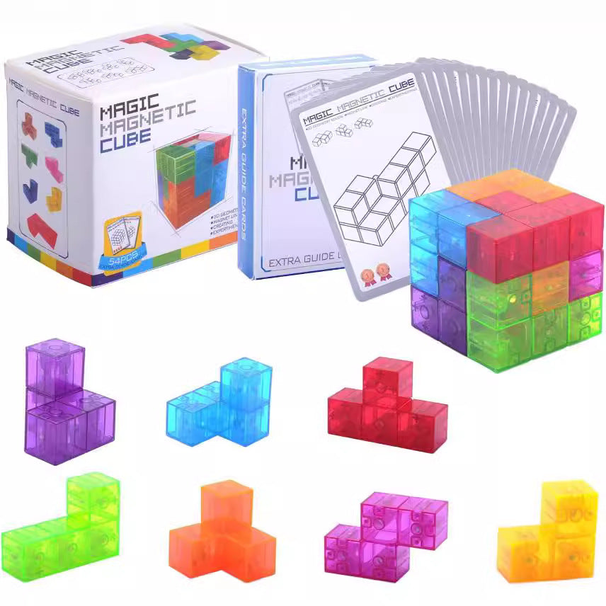 Magnetic Building Blocks Magic Magnetic 3D Puzzle Cubes, Set of 7 Multi Shapes Magnetic Blocks with 54 Guide Cards, Children's Educational Toys and Stress Relief Fidget Toys for Kids Adults