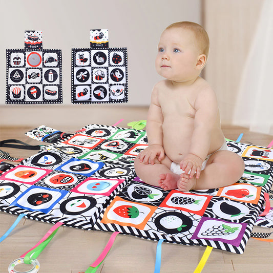 Tummy Time Floor Mirror, Double High Contrast Play and Pat Activity Mat Black and White Baby Crinkle Toys with Teether, Great Gift for Infants Boys and Girls