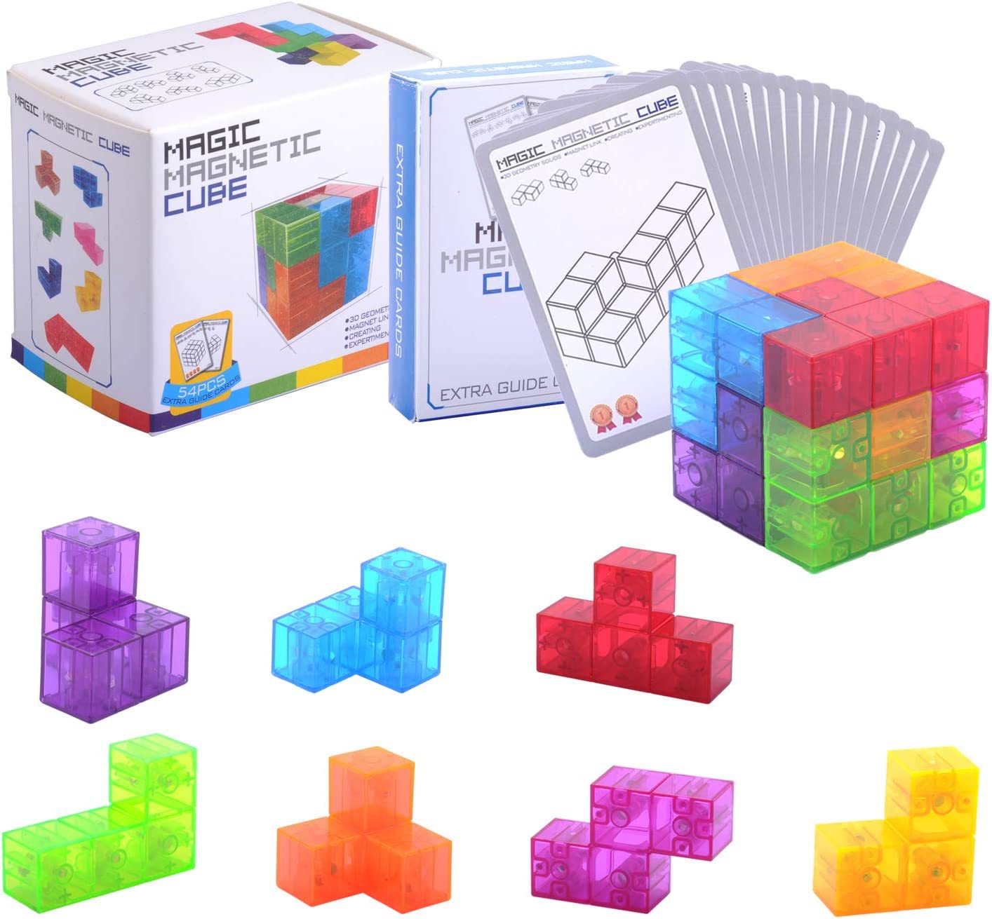 Magnetic Building Blocks Magic Magnetic 3D Puzzle Cubes, Set of 7 Multi Shapes Magnetic Blocks with 54 Guide Cards, Children's Educational Toys and Stress Relief Fidget Toys for Kids Adults