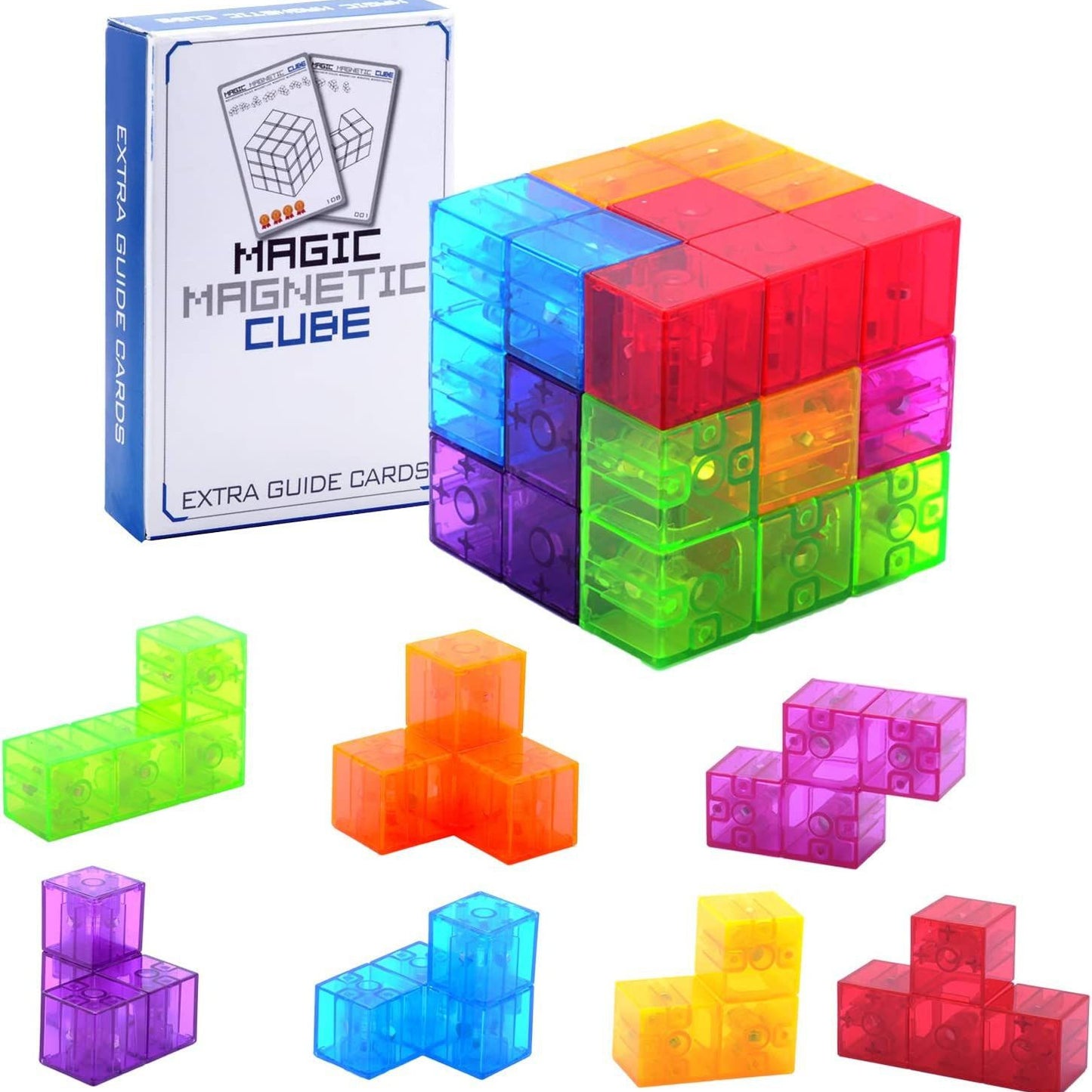 Magnetic Building Blocks Magic Magnetic 3D Puzzle Cubes, Set of 7 Multi Shapes Magnetic Blocks with 54 Guide Cards, Children's Educational Toys and Stress Relief Fidget Toys for Kids Adults